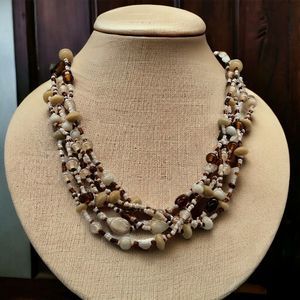 Bohemian Chic Necklace Art Glass Natural Stone Beads Coffee Cream Multi Strand